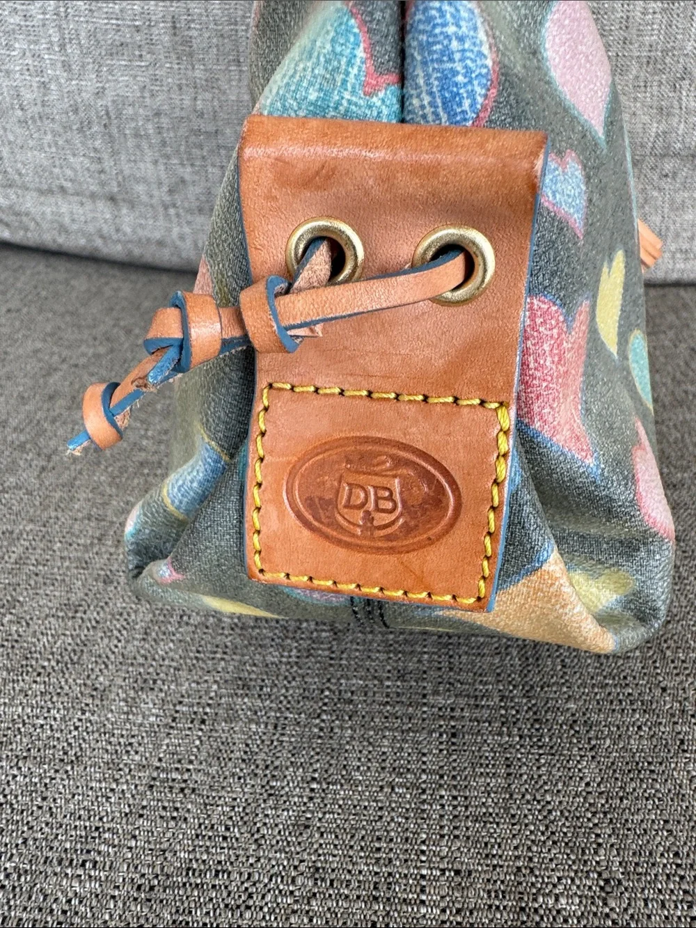 Vintage Dooney & Bourke Multicolor Heart Print Satchel with Tan Leather Handles